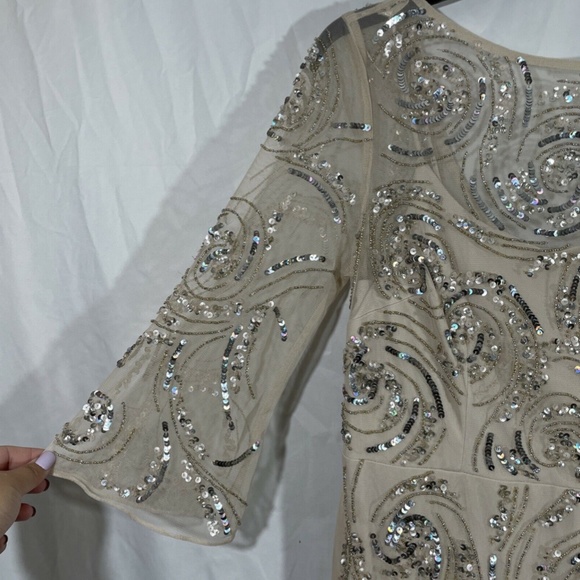 NWT‎ $495 Aidan Mattox 3/4 Sleeve Beaded Column Gown in Champagne [SZ 6 ] - Picture 9 of 16